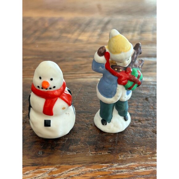 Vintage Ceramic Snowman & Boy Figurines Holding Gifts Christmas Village Figurine - Picture 1 of 12